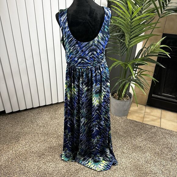 AB Studio Women's L Maxi Dress Navy, Yellow, Blue, Green Chevron Empire Waist - Picture 4 of 11